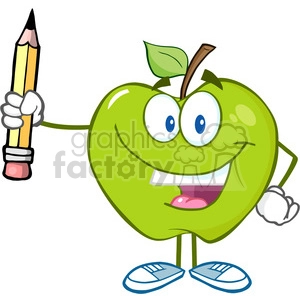 5788 Royalty Free Clip Art Happy Green Apple Holding Up A Pencil
