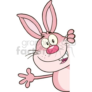 The image depicts a funny and whimsical cartoon character of an Easter bunny. The rabbit has large, expressive eyes, oversized pink ears, and a playful facial expression, with one hand extended as if waving or greeting. The character has a round body, with the colors primarily in pink and white tones, invoking a cheerful and comical vibe typically associated with Easter and springtime imagery.