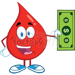 6184 Royalty Free Clip Art Smiling Red Blood Drop Character Showing A Dollar Bill