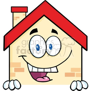6466 Royalty Free Clip Art Happy House Cartoon Mascot Character Over Blank Sign