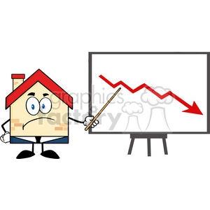 6447 Royalty Free Clip Art Grumpy Business House Cartoon Character With Pointer Presenting A Falling Arrow