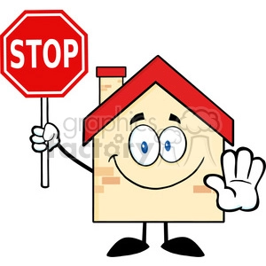 6472 Royalty Free Clip Art House Cartoon Character Holding A Stop Sign