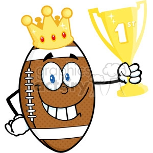 6586 Royalty Free Clip Art American Football Ball Cartoon Character With Golden Crown Holding First Prize Trophy Cup
