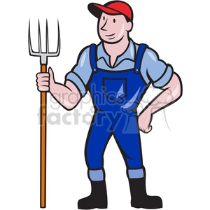 The clipart image depicts a retro-style farmer or rancher, holding a pitchfork in front of his body. He is wearing a cowboy hat and boots, and appears to be standing in a field or on a ranch. The image suggests themes of farming, agriculture, ranching, and organic food production.
