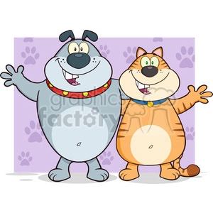 The clipart image features a cartoon dog and a cartoon cat standing side by side, both smiling and extending one arm as if greeting or presenting. The dog is larger with a grey body, wearing a red collar with yellow dots. The cat is smaller with orange-striped fur and a blue collar with a yellow bell. The background consists of a purple panel with lighter purple paw prints.