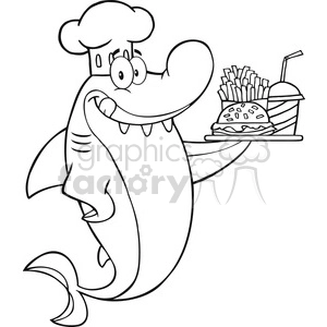 The image is a black and white clipart depicting a cartoon shark wearing a chef's hat. It has a friendly and comical expression on its face, and is holding out a tray with fast food items: a burger, some fries, and a drink with a straw.