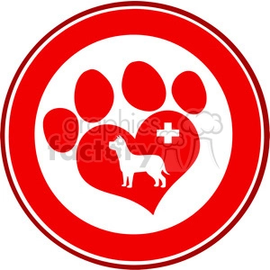 Royalty Free RF Clipart Illustration Veterinary Love Paw Print Red Circle Banner Design With Dog And Cross