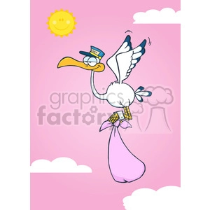 Royalty Free RF Clipart Illustration Cute Cartoon Stork Delivery A Baby Girl In The Sky