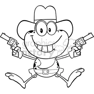 The clipart image depicts a funny cartoon frog dressed as a cowboy. It features the frog wearing a cowboy hat, a vest with buttons, a belt with a buckle, and boots. The frog is smiling broadly and holding a revolver in each hand, as if ready for a duel.