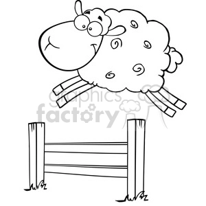 Royalty Free RF Clipart Illustration Black And White Funny White Sheep Jumping Over The Fence