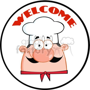 The clipart image depicts a cheerful cartoon chef with a big smile, wearing a traditional white chef's hat and a red neckerchief. The chef appears welcoming and friendly, and the word WELCOME is arched above the chef's head in red, bold letters. The image is encircled by a black line, suggesting it could be used as a sign or logo.