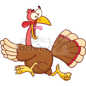 The image shows a cartoon turkey that appears to be running. It has a red wattle and a yellow beak, and its tail feathers are displayed prominently with red banding. Wing feathers are also visible, and it has a somewhat startled or surprised expression. The turkey's legs and feet are depicted in a motion suggesting it is in a hurry.