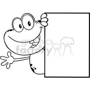 Royalty Free RF Clipart Illustration Black And White Cute Frog Cartoon Mascot Character Looking Around A Blank Sign And Waving