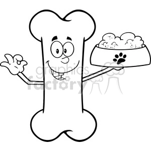 This is a black and white clipart image of a cartoon bone character with a happy face, arms, and legs. The bone character is holding a food bowl filled with round objects, possibly representing dog food. The bowl also has a paw print design on the side facing the viewer.