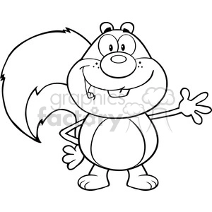 The clipart image depicts a cartoonish, smiling squirrel standing upright and waving. The squirrel has a large fluffy tail, prominent two front teeth, and a friendly, welcoming gesture.