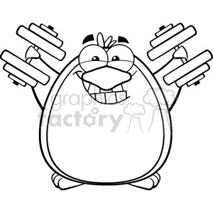 Royalty Free RF Clipart Illustration Black And White Smiling Penguin Cartoon Mascot Character Training With Dumbbells