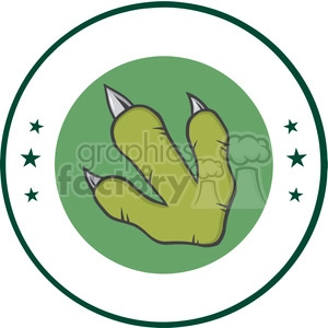 This image features a stylized animal footprint that resembles a raptor footprint, with three prominent toes having sharp claws. It is set against a green circular background bordered with a white and then a thicker green line. There are also four small stars around the paw print.