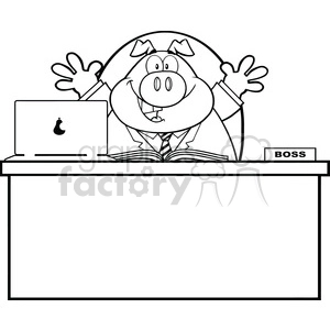 The image is a line-art clipart depicting a cartoon pig dressed in a business suit with a tie. The pig is sitting at a desk and is gleefully raising its hands in the air. On the desk, there is an open book and a laptop with a logo resembling an apple with a bite taken out. Adjacent to the pig is a small placard with the word BOSS inscribed on it.