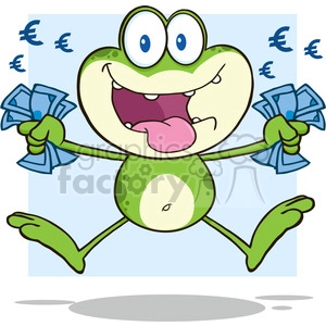 The clipart image features a cartoonish green frog with a large, open-mouthed smile, revealing a pink tongue. The frog has big, bulging white and blue eyes, and it's holding bundles of blue-colored cash with currency symbols in both its hands. The background has a pale-blue tone with currency symbols floating around. The frog looks excited or greedy, as indicated by the expression and the abundance of cash. 