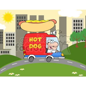 Royalty Free RF Clipart Illustration Happy Hot Dog Vendor Driving Truck In The Town
