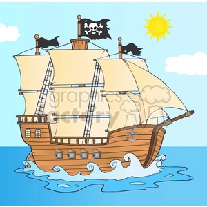 7204 Royalty Free RF Clipart Illustration Pirate Ship Sailing Under Jolly Roger Flag