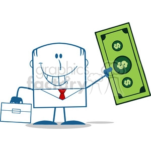 Royalty Free RF Clipart Illustration Lucky Businessman With Briefcase Holding A Dollar Bill Monochrome Cartoon Character