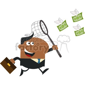 8297 Royalty Free RF Clipart Illustration African American Manager Chasing Flying Money With A Net Flat Design Style Vector Illustration