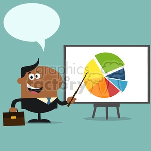 8362 Royalty Free RF Clipart Illustration African American Manager Pointing Progressive Pie Chart On A Board Flat Style Vector Illustration With Speech Bubble