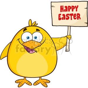 8616 Royalty Free RF Clipart Illustration Happy Yellow Chick Cartoon Character Holding A Happy Easter Sign Vector Illustration Isolated On White