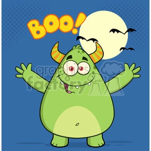 8933 Royalty Free RF Clipart Illustration Happy Horned Green Monster Cartoon Character With Welcoming Open Arms And Boo Text Vector Illustration