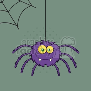 8954 Royalty Free RF Clipart Illustration Smiling Purple Halloween Spider Cartoon Character On A Web With Text Vector Illustration With Background