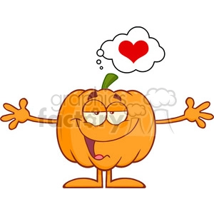 Royalty Free RF Clipart Illustration Funny Halloween Pumpkin Cartoon Mascot Character With Open Arms For Hugging And Speech Bubble With Heart