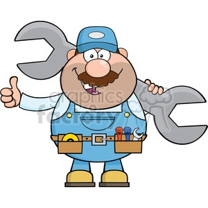 8544 Royalty Free RF Clipart Illustration Mechanic Cartoon Character Holding Huge Wrench And Giving A Thumb Up Vector Illustration Isolated On White