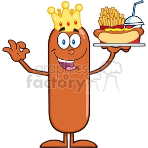 8492 Royalty Free RF Clipart Illustration King Sausage Cartoon Character Carrying A Hot Dog, French Fries And Cola Vector Illustration Isolated On White