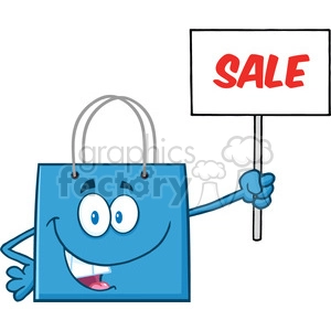 8762 Royalty Free RF Clipart Illustration Blue Shopping Bag Cartoon Character Holding Up A Blank Sign With Text Vector Illustration Isolated On White