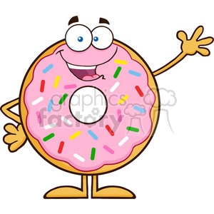 8666 Royalty Free RF Clipart Illustration Cute Donut Cartoon Character With Sprinkles Waving Vector Illustration Isolated On White