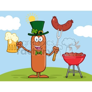Illustration of Smiling Irish Sausage Cartoon Character Holding A Beer And Weenie Next To BBQ Vector