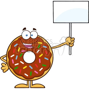 8698 Royalty Free RF Clipart Illustration Happy Chocolate Donut Cartoon Character With Sprinkles Holding Up A Blank Sign Vector Illustration Isolated On White