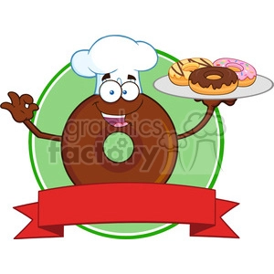 8726 Royalty Free RF Clipart Illustration Chef Chocolate Donut Cartoon Character Serving Donuts Circle Label Vector Illustration Isolated On White