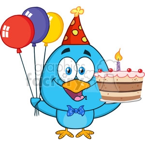 8848 Royalty Free RF Clipart Illustration Cute Blue Bird Holding Up A Colorful Balloons And Birthday Cake Vector Illustration Isolated On White