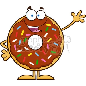 8686 Royalty Free RF Clipart Illustration Cute Chocolate Donut Cartoon Character With Sprinkles Waving Vector Illustration Isolated On White