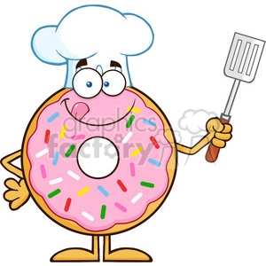 8670 Royalty Free RF Clipart Illustration Chef Donut Cartoon Character With Sprinkles Holding A Slotted Spatula Vector Illustration Isolated On White