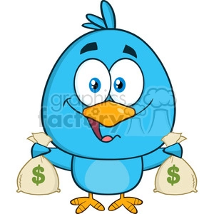 8834 Royalty Free RF Clipart Illustration Happy Blue Bird Cartoon Character Holding A Bags Of Money Vector Illustration Isolated On White