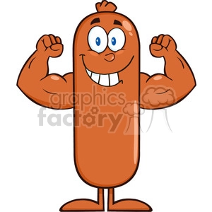 8484 Royalty Free RF Clipart Illustration Smiling Sausage Cartoon Character Flexing Vector Illustration Isolated On White