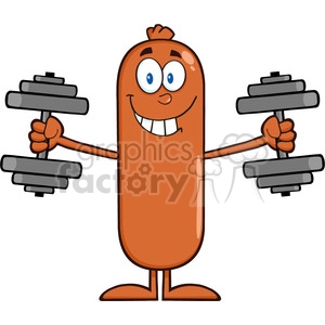 8430 Royalty Free RF Clipart Illustration Smiling Sausage Cartoon Character Training With Dumbbells Vector Illustration Isolated On White