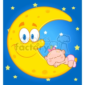 Royalty Free RF Clipart Illustration Cute Baby Girl Sleeps On The Smiling Moon Over Blue Sky With Stars