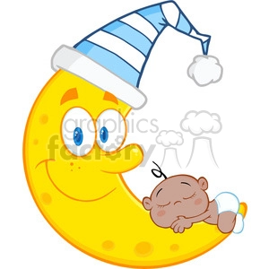 Royalty Free RF Clipart Illustration Cute African American Baby Boy Sleeps On The Smiling Moon With Sleeping Hat