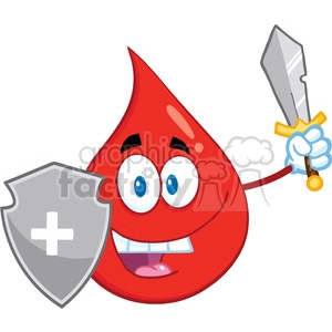Royalty Free RF Clipart Illustration Red Blood Drop Guarder Cartoon Mascot Character With Shield And Sword