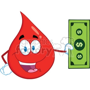 Royalty Free RF Clipart Illustration Happy Red Blood Drop Cartoon Mascot Character Showing A Dollar Bill