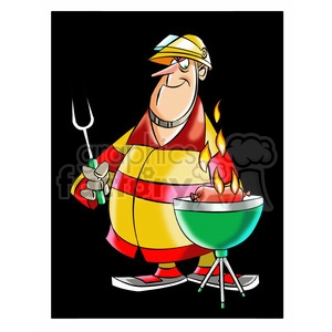 frank the cartoon firefighter cooking on a grill bbq